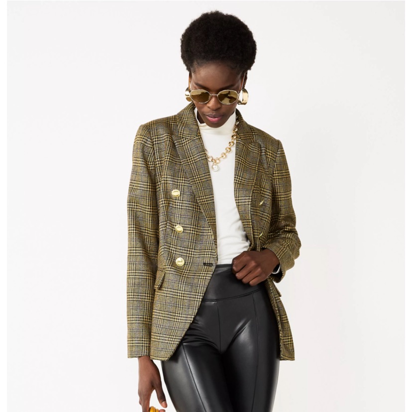 Nine West Nwt Plaid Lurex Gold Double Breasted Blazer Size Small Ivy League